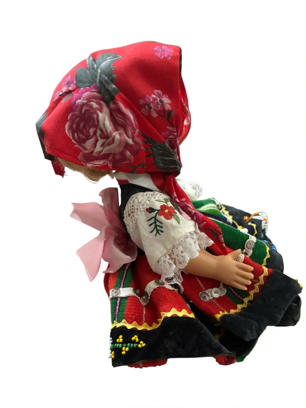 Vintage Polish Doll in Red Floral Headscarf and Colorful Folk Dress